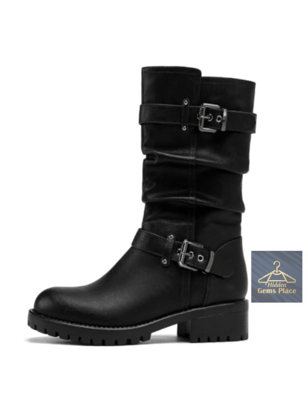 Faux Leather Mid Calf Motorcycle Biker Boots Women Block Heel Wide Toe Side Zip